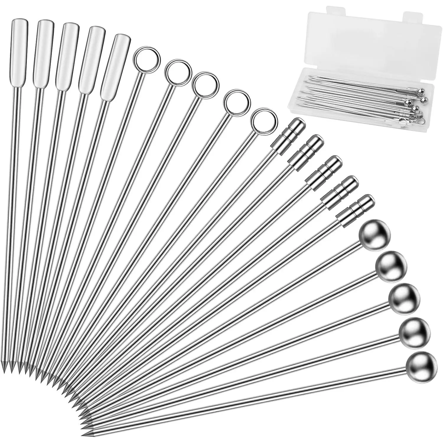20 count  Picks for Drinks + Storage Box, Stainless Steel Fancy  Toothpicks for Appetizers Olives Fruit Brandied Cherries  Stirrers