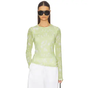 Rag & Bone Yana Printed Mesh Long Sleeve Tee in Yellow Endive