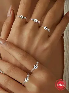 S925 Sterling Silver Letter A-Z Alphabet Design Ring, Fashion Artificial Zircon Decor Accessories for Women & Girls, Trendy All-match & Exquisite Jewelry for Birthday Gift