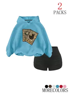 Women's Hooded Drawstring Sweatshirt Set, Cute Moon & Cat Print, Fitted Design, All-Season Wear, Fashionable Pocket Detail, Animal