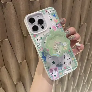 Cute border four-leaf clover bear pattern, with four-leaf clover magnetic stand, matte white background two-in-one mobile phone case Cover, suitable for iPhone 17 Pro Max/17 Air/ 16/15/14/13/12/11, shockproof, great gift, Accessories