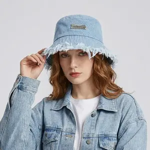 Unisex Denim Fabric Fisherman Hat - Y2K Tassel Design, Aesthetic Wide Brim, Slouchy Style, Sun Protection, Casual Outfit Accessory, Fisherman Hats