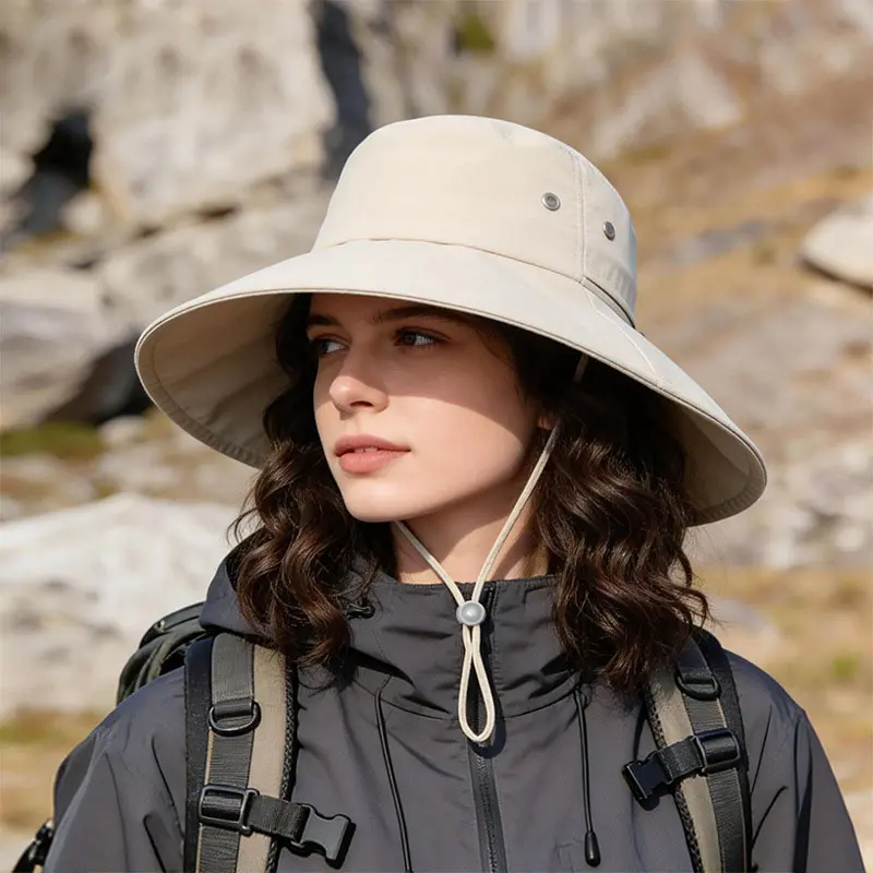 Spring & Summer Wide-Brimmed Sun Protection Hat for Women Tie-Back Ponytail Design Fisherman Style Ideal for Hiking Camping European American Fashion