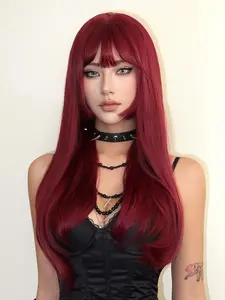26 Inch Red Long Curly Wigs for Women, Gorgeous Fluffy Wigs with Bangs, Synthetic Full Machine Wigs for Party, Daily Use, Fashion Fluffy Wigs