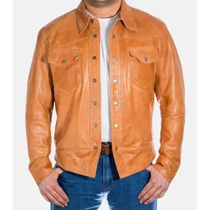 Men's Genuine Lambskin Tan Brown Leather Shirt