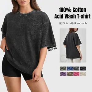 Holafish Unisex Acid Wash Tshirt Women's Cotton T-Shirts Half Short Sleeves Casual Loose Solid Streetwear Tee Tops,Men's Retro Street T-Shirts Loose Fit,Acid Washed Tshirt Womenswear Summer