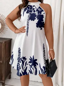 Casual Floral Pattern Halter Sleeveless Loose Short Dress, Plus Size Summer Fashion Home Wear, Comfortable and Stylish for Women, Boho