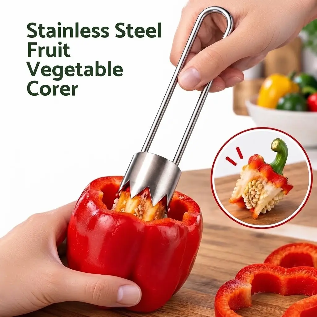 Stainless Steel Fruit Vegetable Corer, Multi-Purpose Stem Remover Tool for Bell Peppers, Tomatoes, Chili Peppers, Quick Seed & Core Remover for Kitchen Prep