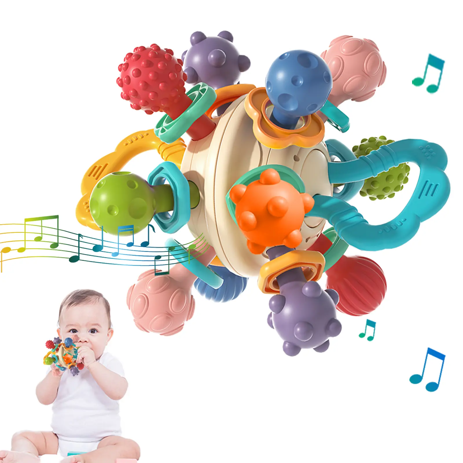 Baby Sensory Teething Play Toys, Baby Teethers Montessori Toys for Infants 0-18 Months, Newborn Boys & Girls Gifts, Baby Rattle Chew Toys, Toddler Educational Learning Toys, Teething Relief Set, Random Color Accessories