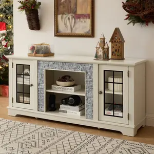 Eyisean 58" Modern TV Stand with Realistic Stacked Stone Surround, Large Entertainment Center for TVs Up to 65", Storage Cabinets and Glass Doors, TV Console Table for Living Room, Bedroom, Apartment