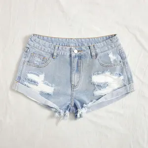 High waisted women's torn denim shorts, boyfriend shorts, summer casual slim fit jeans, button fly design, fashionable straight leg pants, suitable for daily wear
