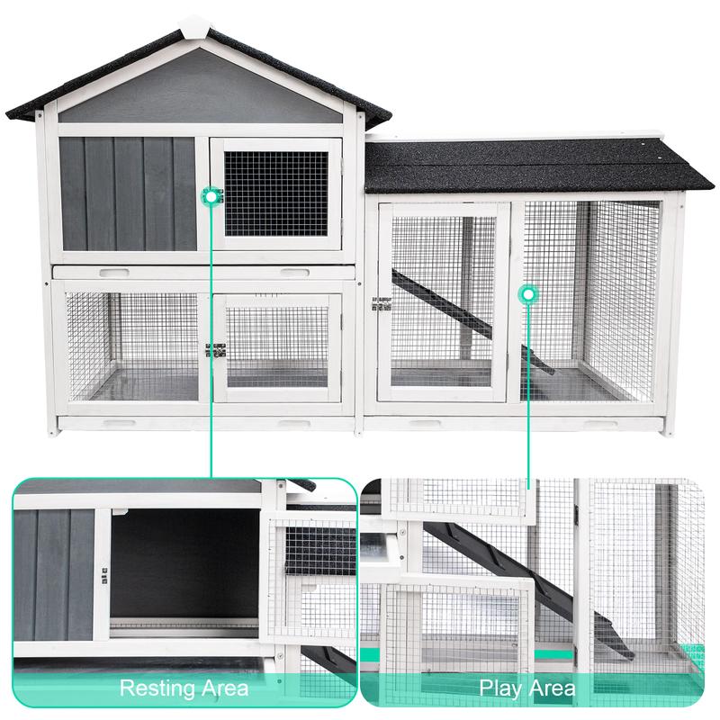 Large Multi-Level Wooden Rabbit Hutch with Run, Spacious Indoor/Outdoor Bunny Cage, Removable Tray for Easy Cleaning, Pet House for Rabbits, Guinea Pigs & Small Animals