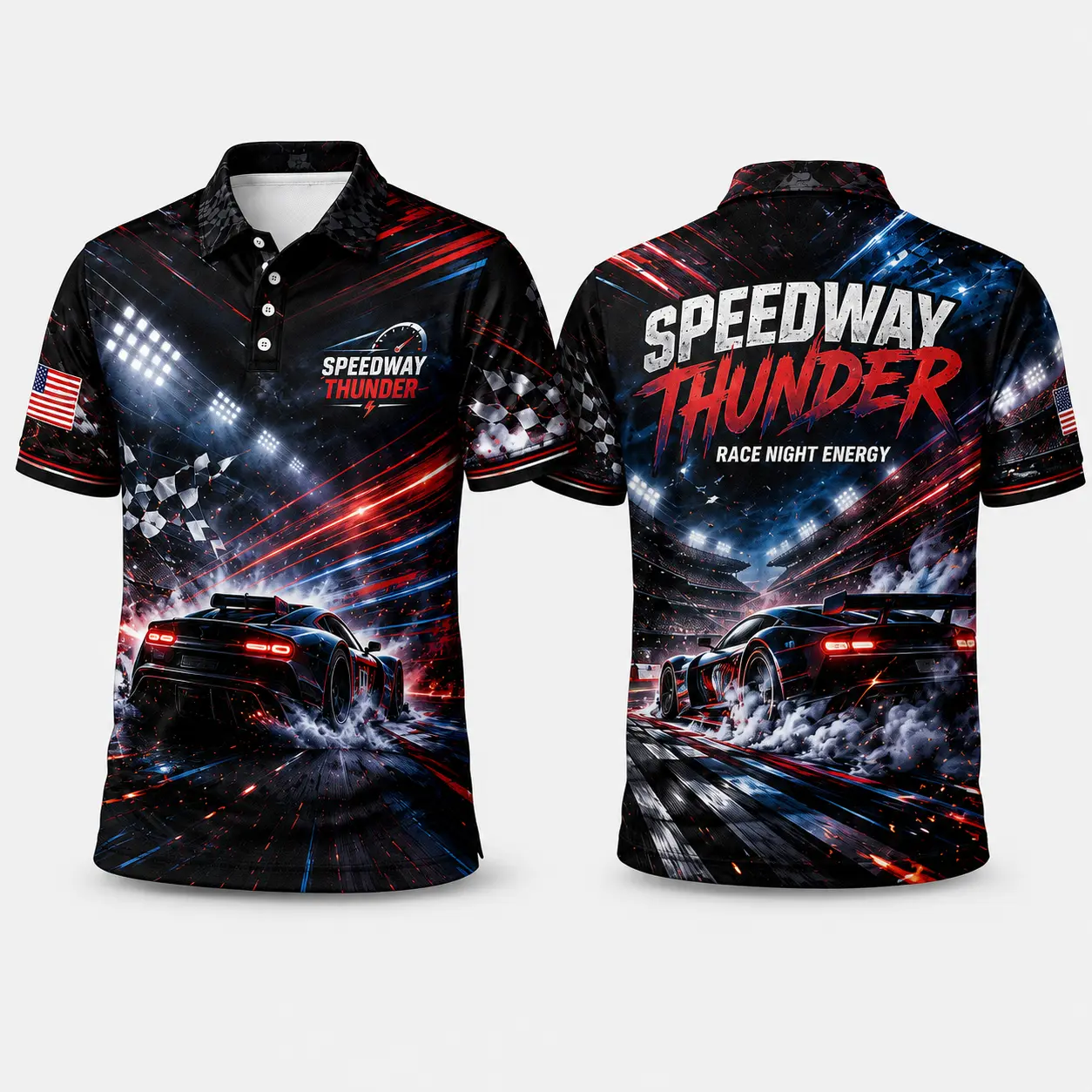 Men's Racing Polo Shirt with All-Over Speedway Graphic, USA Flag Sleeve & Stadium Lights | Casual Button Collar for BBQs, Great Dad Gift Ideas, Weekend Outfits, Parties, Breathable Fabric, Car Meets