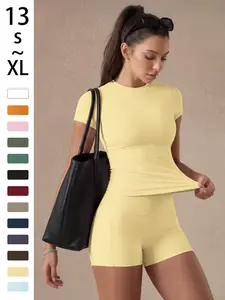 Women's Plain Color Set, Basic Versatile T-Shirt Top, Fashion Multi-Purpose High Waist Sporty Shorts, Yoga Fitness, Spring Summer