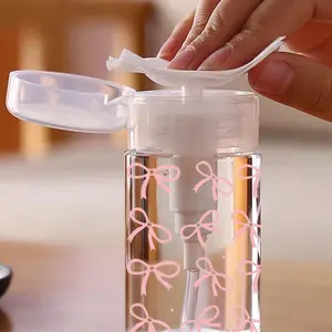 Transparent Pump Bottle With Pink Bow Pattern, Plastic Dispensing Bottle, Alcohol Nail Polish Remover Storage Container, Large Capacity Reusable Makeup Remover Bottle, Pump Head, Empty Acetone Container Travel Bottle, Makeup Accessories