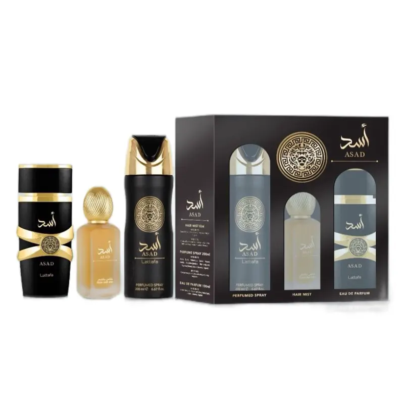 Lattafa Asad 3 Piece Gift Set - Eau de Parfum 3.4FL.OZ, Perfumed Spray 6.67FL.OZ & Hair Mist For Men