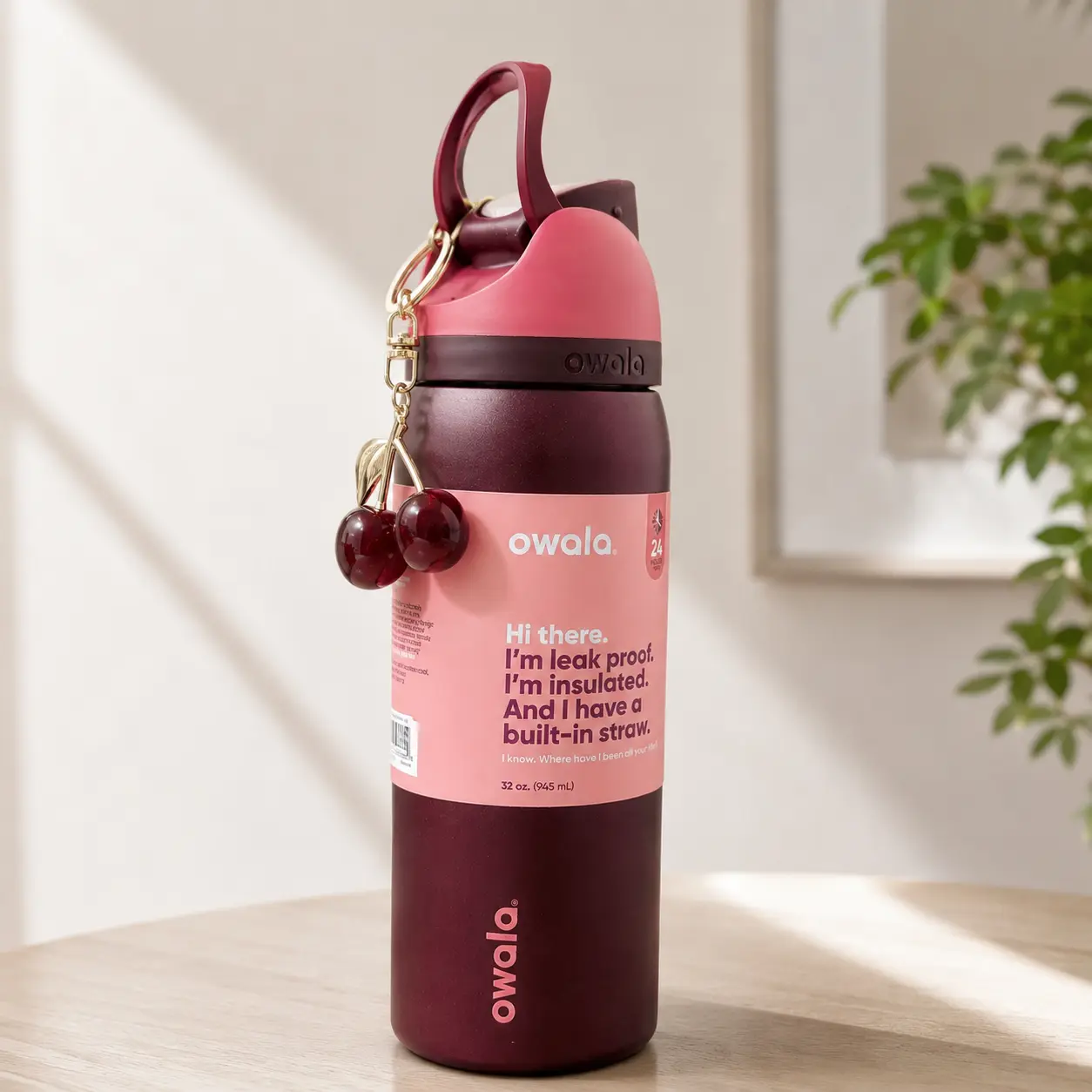 [NEW2026] Owala FreeSip 32oz Water Bottle Black Cherry with Cherry Charm Keychain, Leak Proof Vacuum Insulated Stainless Steel Bottle