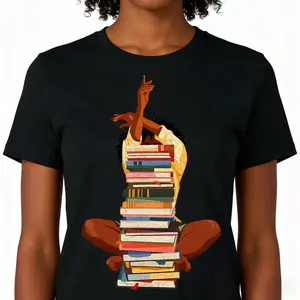 Black women and book stack T-shirts, African girls' book enthusiast patterned T-shirts, unisex short sleeved clothing, literary and cultural aesthetic fashion tops, educational and promotional streetwear shirtsRAIMENTRY