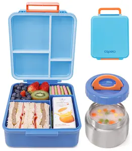 Caperci Versatile Insulated Bento Lunch Box for Kids with Thermos Jar - LeakProof Toddler Lunch Box Containers for School Daycare 4-Compartment & Portable Handle