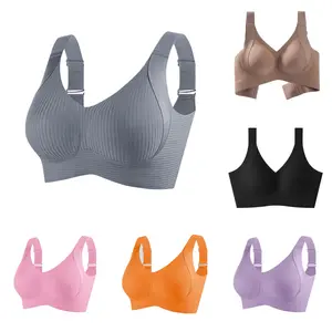 Women's Solid Ribbed Wireless Workout Bra - 4-Row Buckle Adjustable, Padded Supportive Seamless, Soft Breathable Lightweight Compression Activewear, Push-Up Sportswear for Fitness Clothes, Outdoor Activities