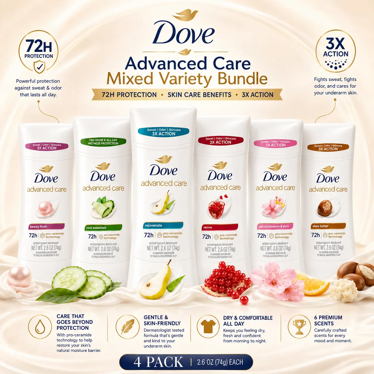 Dove Advanced Care Deodorant Stick Mixed Variety Bundle 4 Pack- Antiperspirant 2.6oz (74g) Assorted Scents for Women