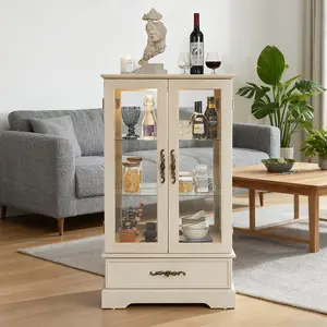 Glass display cabinet 4 Tier Glass Display Cabinet Storage Curio Cabinet with Flip up Glass Doors, Collectors Showcase Toy Figure Organizers Rack, Bookcase for Living Room White