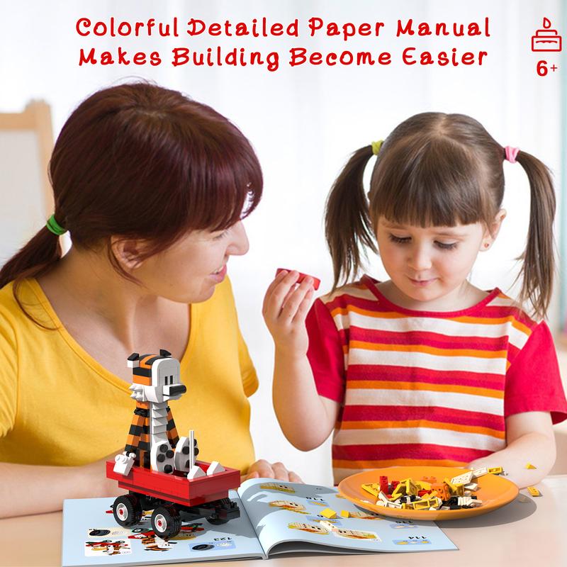 TENHORSES Boy and Tiger Adventure Blocks Set 358PCS with Rotatable Wheels Interactive Car Figure Compatible with Legos for Boys Girls Adults