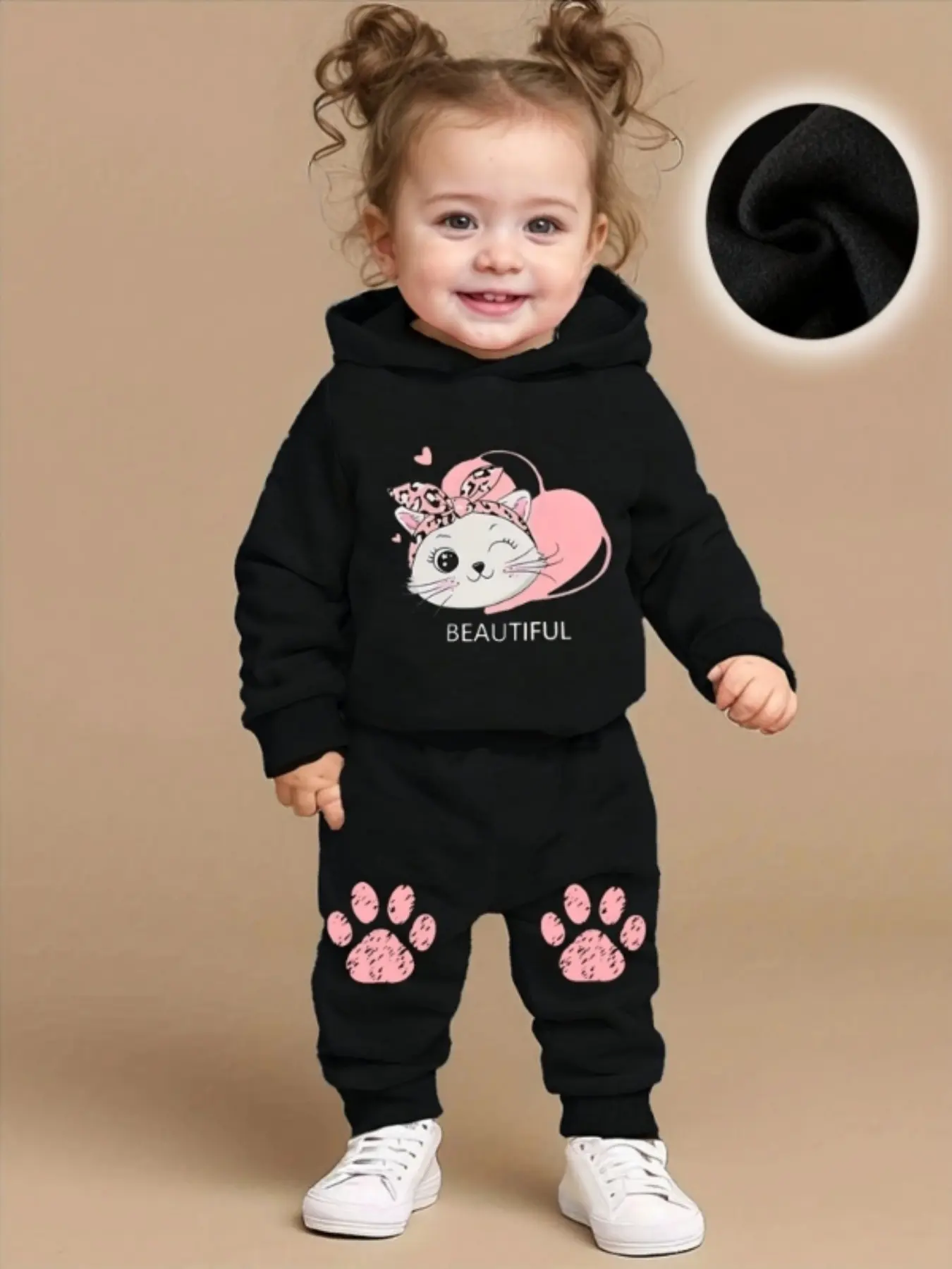 Spring Autumn Baby Girls Cartoon Print Cozy Fleece Hooded Long Sleeve Sweatshirt Cat Paw Print Pants Cute Two-Piece Set Outfits Baby Clothing Newborn Gift Set