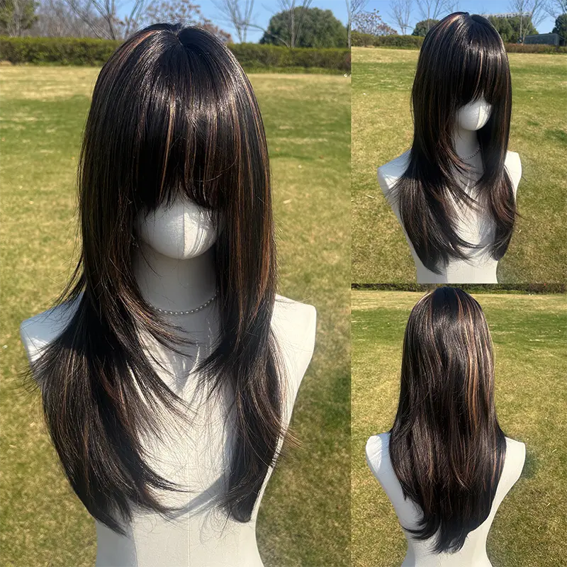 SMILCO Women's 26In Highlight Black-Brown Long Straight with Bangs 360-Degree Invisible Synthetic Full Machine Wig, SM592, 360-Degree Invisible Synthetic Full Machine Wigs Hair Wigs High Quality Wigs