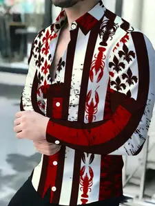 Men's Long Sleeve Shirt with Red Lobster and Fleur-de-Lis Stripe Print Novelty Pattern