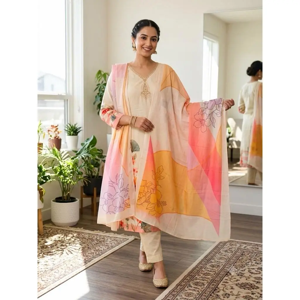 Women's Floral Print Kurta Set with Dupatta Elegant Three-Piece Outfit Ethnic Wear Trousers and Casual Kurti Set Traditional Festive Wear M L XL XXL Sizes