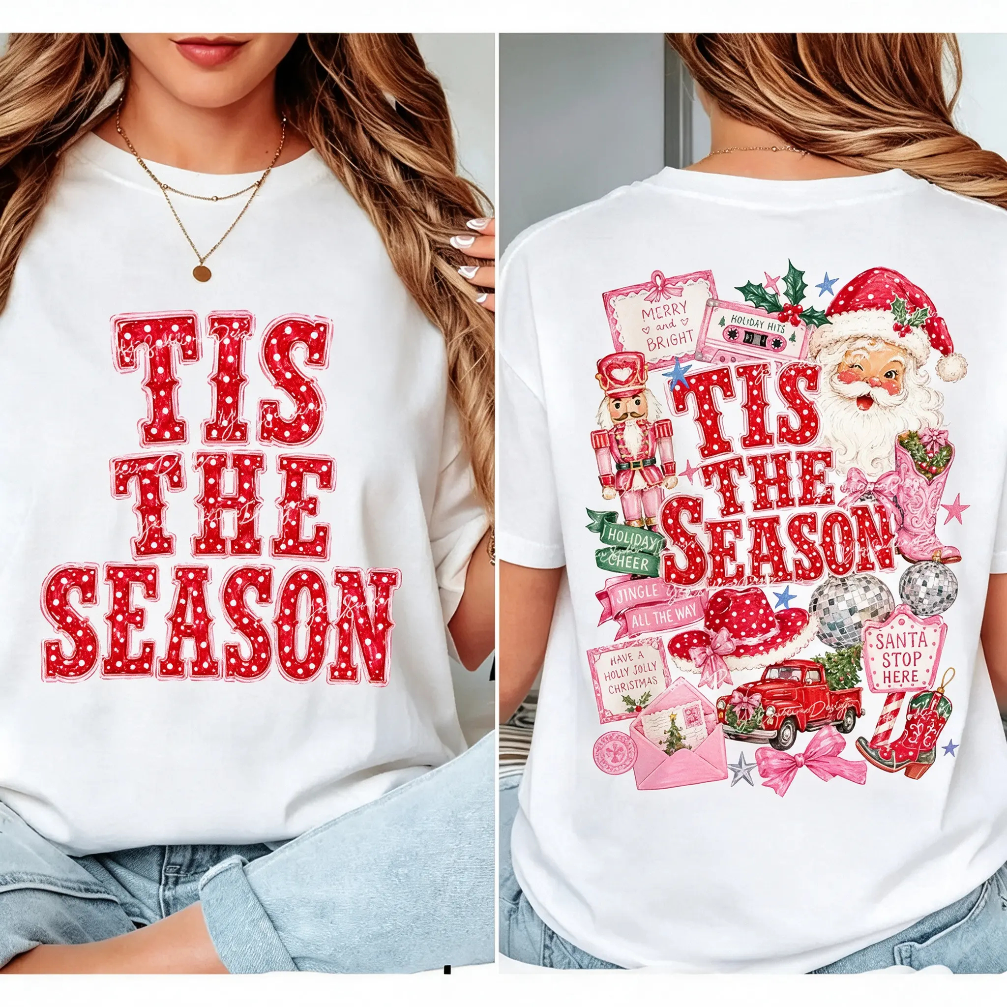 Tis The Season Double Sided Christmas Tee. Retro pink Santa & nutcracker graphic printed on front and back. Soft casual crewneck t-shirt, perfect for holiday parties, family gatherings & Christmas photoshoots. Great Christmas gift for her. Classic relaxed