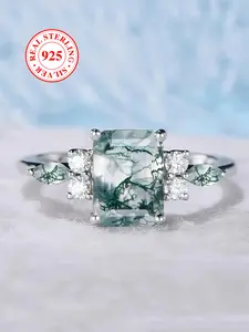 Elegant S925 Sterling Silver Ring with Water Grass Agate Geometric Design, Perfect Bridal Engagement Gift, Birthday Anniversary Present（with box）