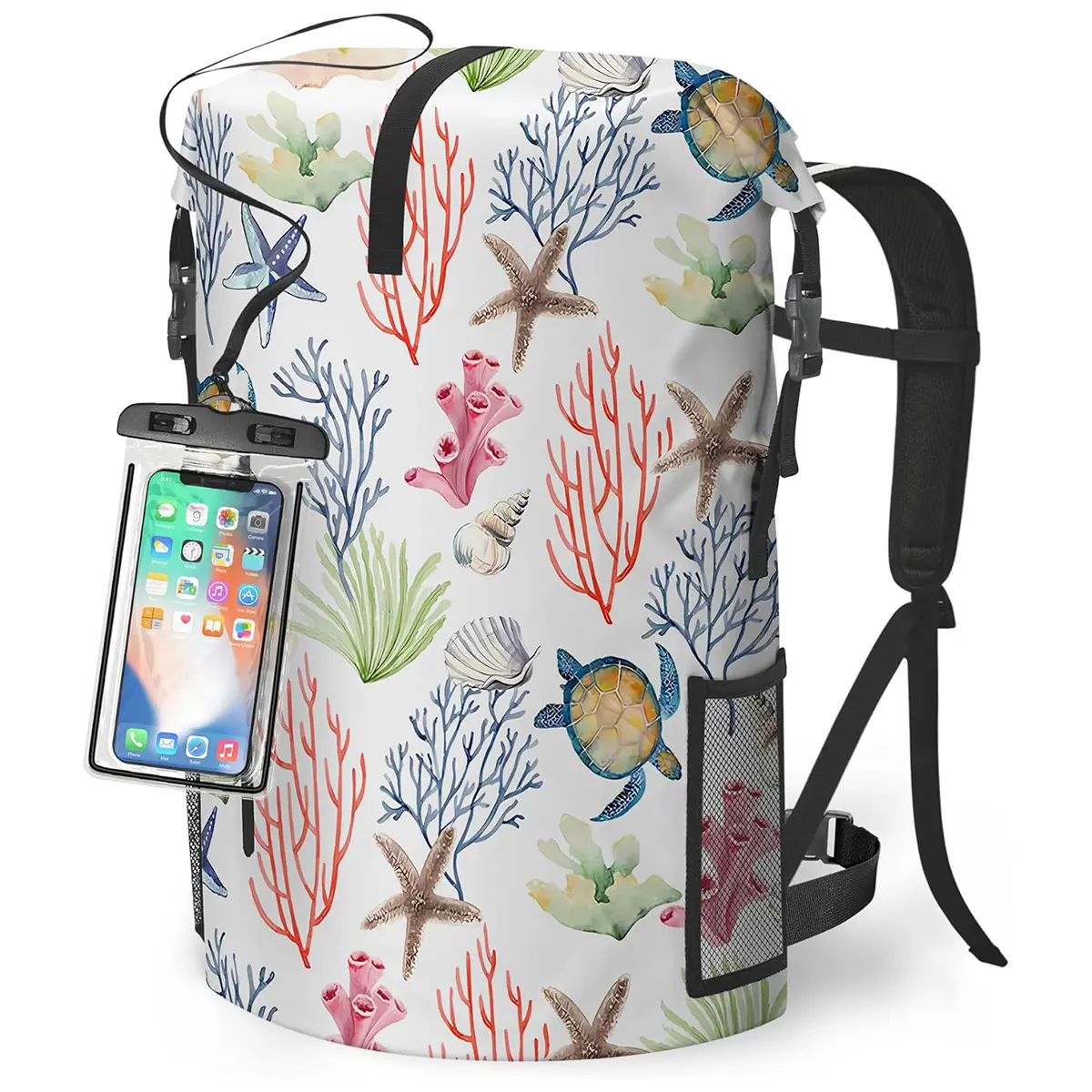 Outdoor Waterproof Roll-Top Water Backpack, Multi-Size (5L, 35L, 55L) with Nautical All-Over Print, Low-Profile Backpack Straps for Boats, Kayaking