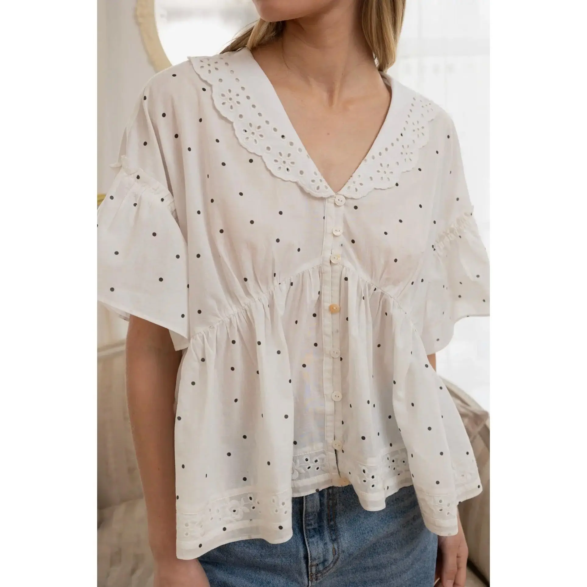 Claire Polka Dot Eyelet Collar Blouse
