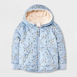 Toddler Girls' Floral Cozy Quilted Reversible Puffer Jacket - Cat & Jack Blue 2T