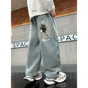 Boys' Denim Baggy Wide-Leg Pants - 2025 Fun Cartoon Print, Solid Cargo Pockets, Quality Stitching, Machine Washable, Ages 8-15, Ideal for Casual Wear, Holidays, Matches Hoodies & Sneakers