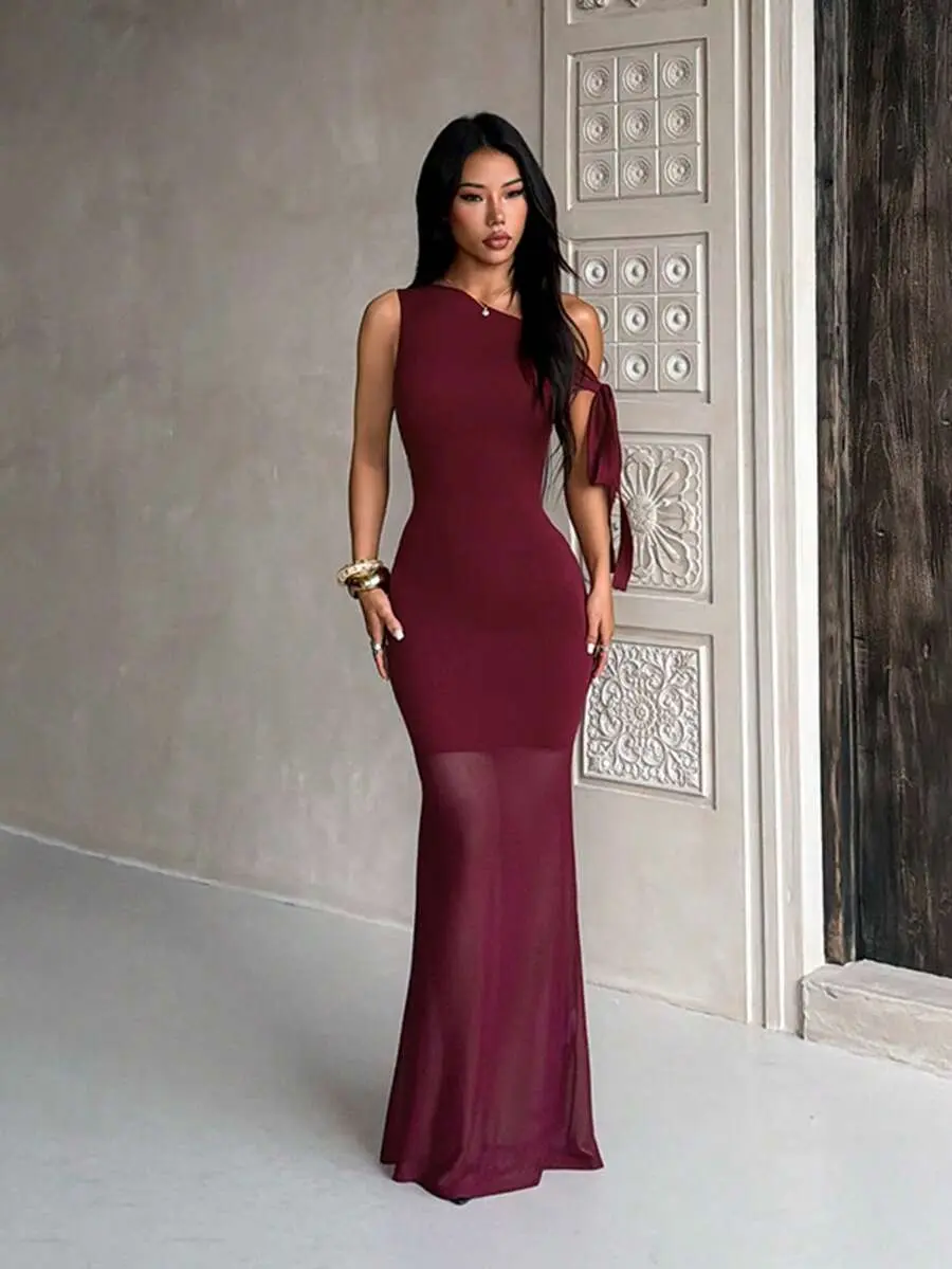 ZIVA Women's Summer Burgundy Fashion Sexy Slim Fit Asymmetric Neck Ribbon Mesh Dress