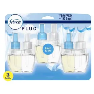 Febreze (3-Count) Fade Defy 0.87 oz. Linen and Sky Scented Oil Plug-In Automatic Air Freshener Refill, 50-Day Continuous Odor Fighter for Kitchen Bathroom Bedroom, Automatic Air Freshener with Low Level Indicator.