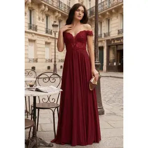 Burgundy Bridesmaid Dresses-Inexpensive Chiffon Off Shoulder MQ1714