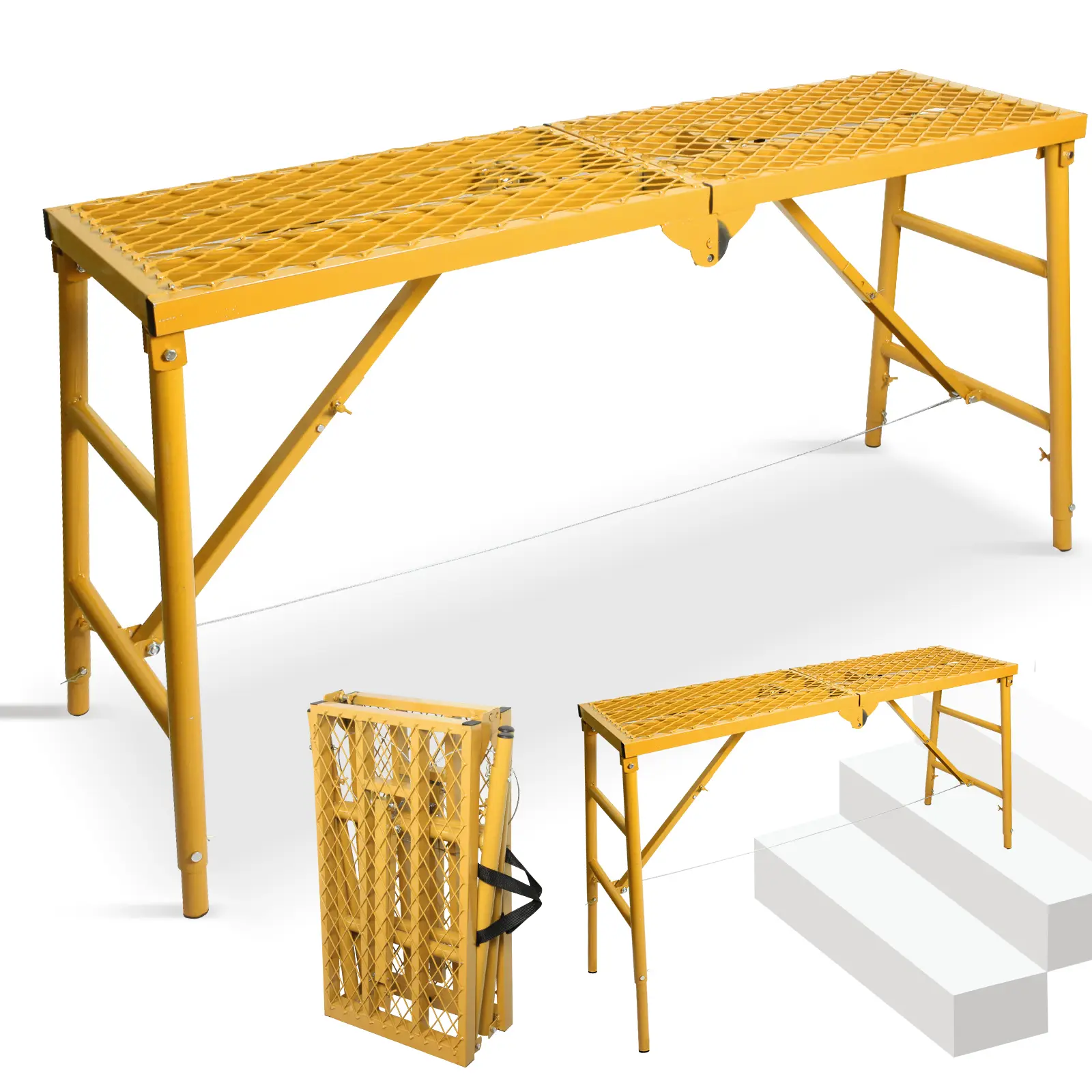 LEADALLWAY Scaffolding Platform 58''(L) x15''(W) x30''(H) Folding Adjustable Scaffolding for Stairs Portable Work Platform Ladder 770 LBS Capacity,Yellow