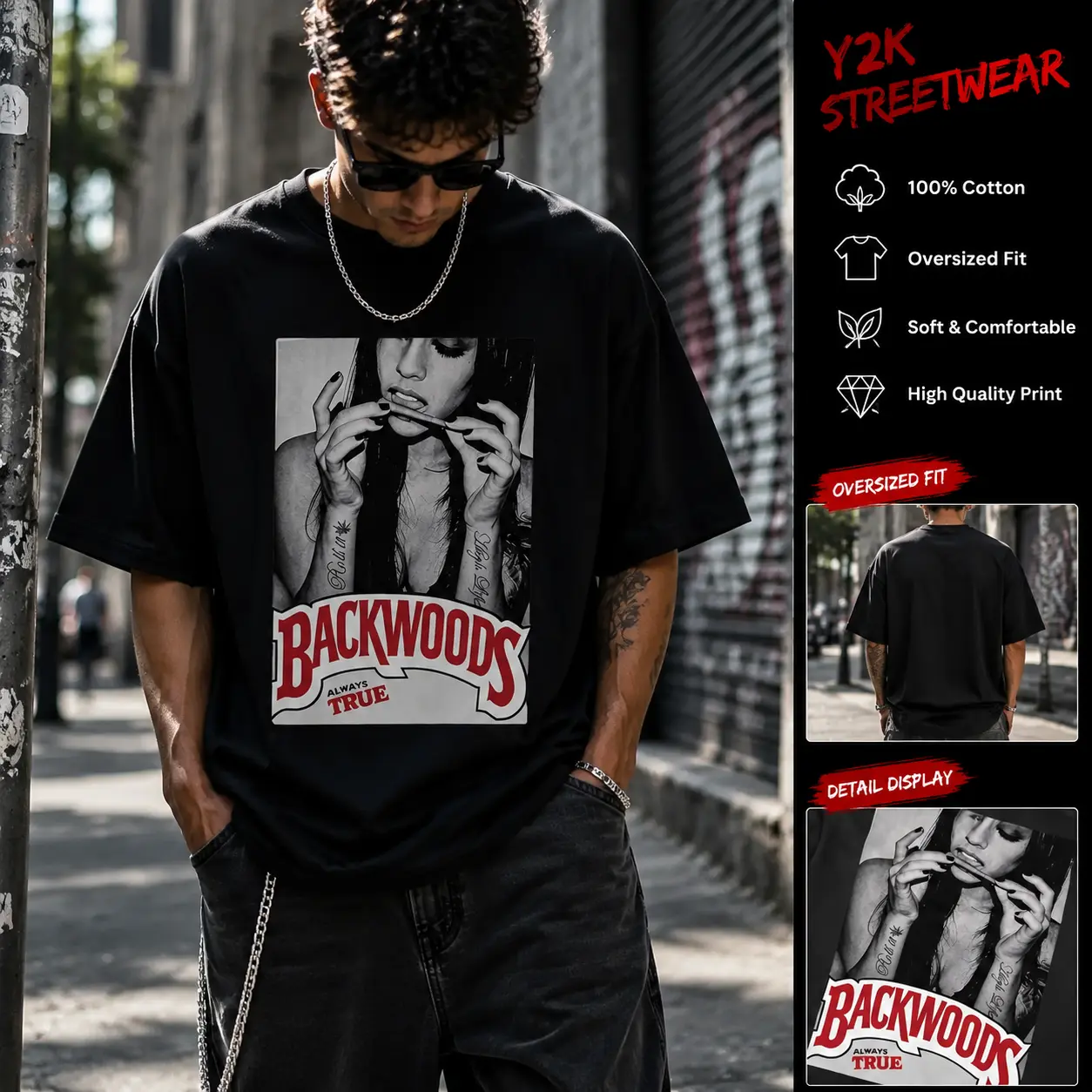 Cool "Backwoods" Printed Oversized Black T-Shirt, 100% Cotton Crew Neck Short Sleeve Boxy Tee, Y2K Streetwear Skater Casual Top backwoods tee, oversized shirt, black graphic tee, y2k streetwear, cotton top
