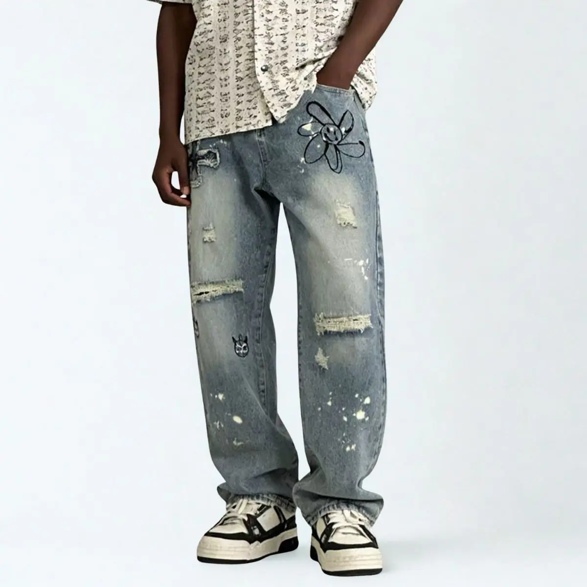 Men's High-Street Cotton Denim Jeans - Button Front, Graphic Embroidery, Graffiti Paint Splatters, Retro Style 90s Look, Ripped Distressed, Straight-Wide Leg, Colorblock, Long Full-Length Streetwear Pants