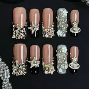 Handmade Long Square Press On Nails with Charms Featuring Rhinestones and Beads for Elegant Manicure
