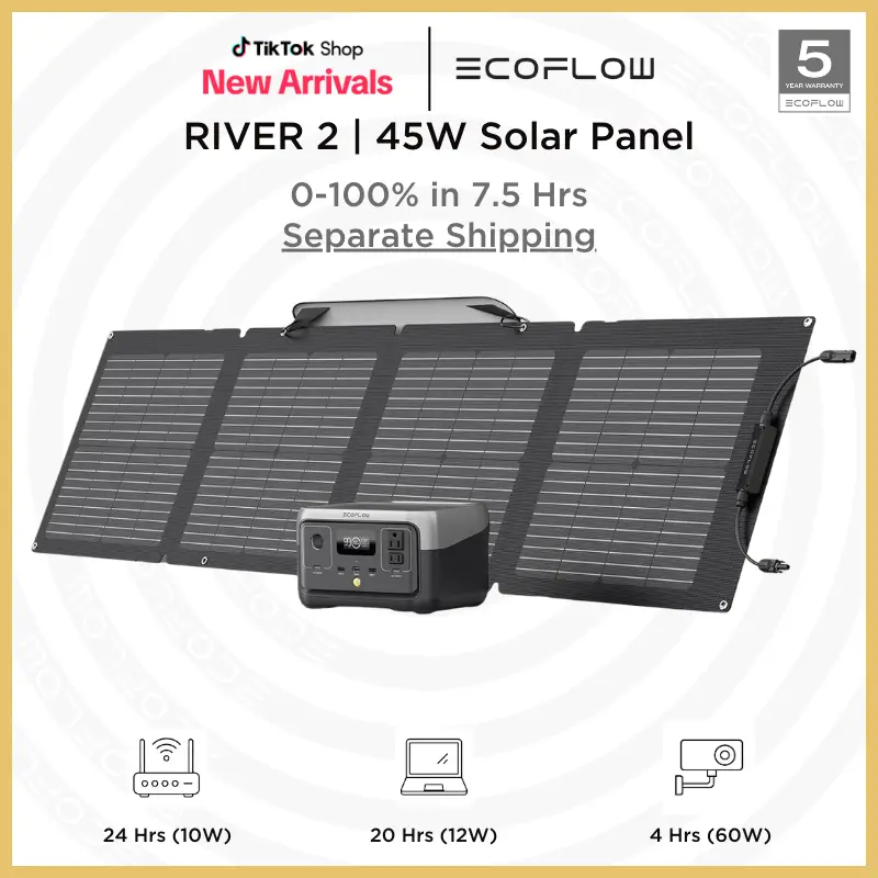 RIVER 2 243Wh with 45W/110W Portable Solar Panel, LiFePO4 Battery/ 1 Hour Fast Charging, 2 Up to 600W AC Outlets, Solar Generator for Camping, RV