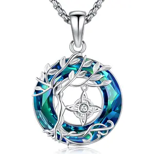 DRINSPER S925 Crystal Round Necklace Life of Tree Charming Healing Crystal 925 Sterling Silver Pendant, Witch's Knot/Dolphin/Mother/Daughter/Compass/Black Cat Dainty Silver Jewerly