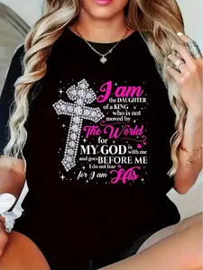 Women's & Unisex Y2K Christian Faith T-Shirt "I Am the Daughter of a King" with Rhinestone Cross Design & Bible Verse - 100% Cotton Stretch Fit Black Tee for Church, Casual Wear, for hurch Outfits, Year-Round Spiritual Apparel, Hot Transfer Print