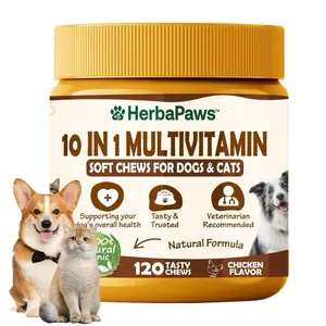 HerbaPaws 10-in-1 Multivitamin Chews for Dogs & Cats - 120 Tasty Chicken Flavor Soft Chews - Natural Formula - Veterinarian Recommended