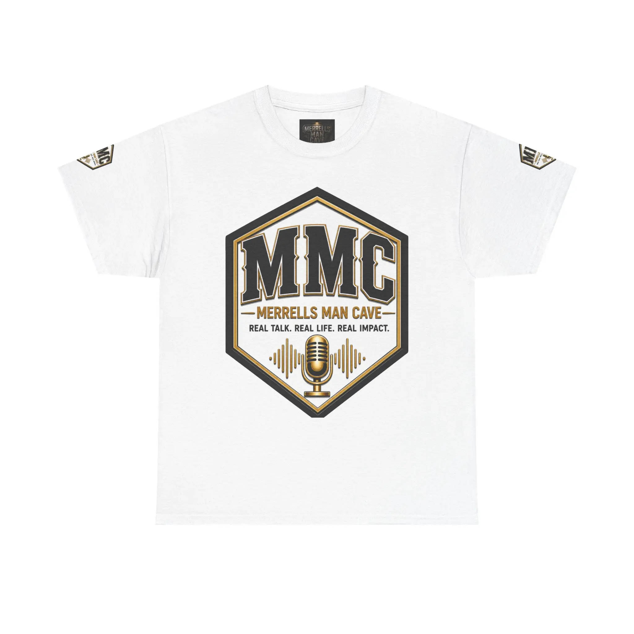 Men's Merrell Man Cave MMC Logo Short-Sleeve T-Shirt - Textured, Classic, Drapey, Casual Podcast Microphone Graphic Top, Cotton