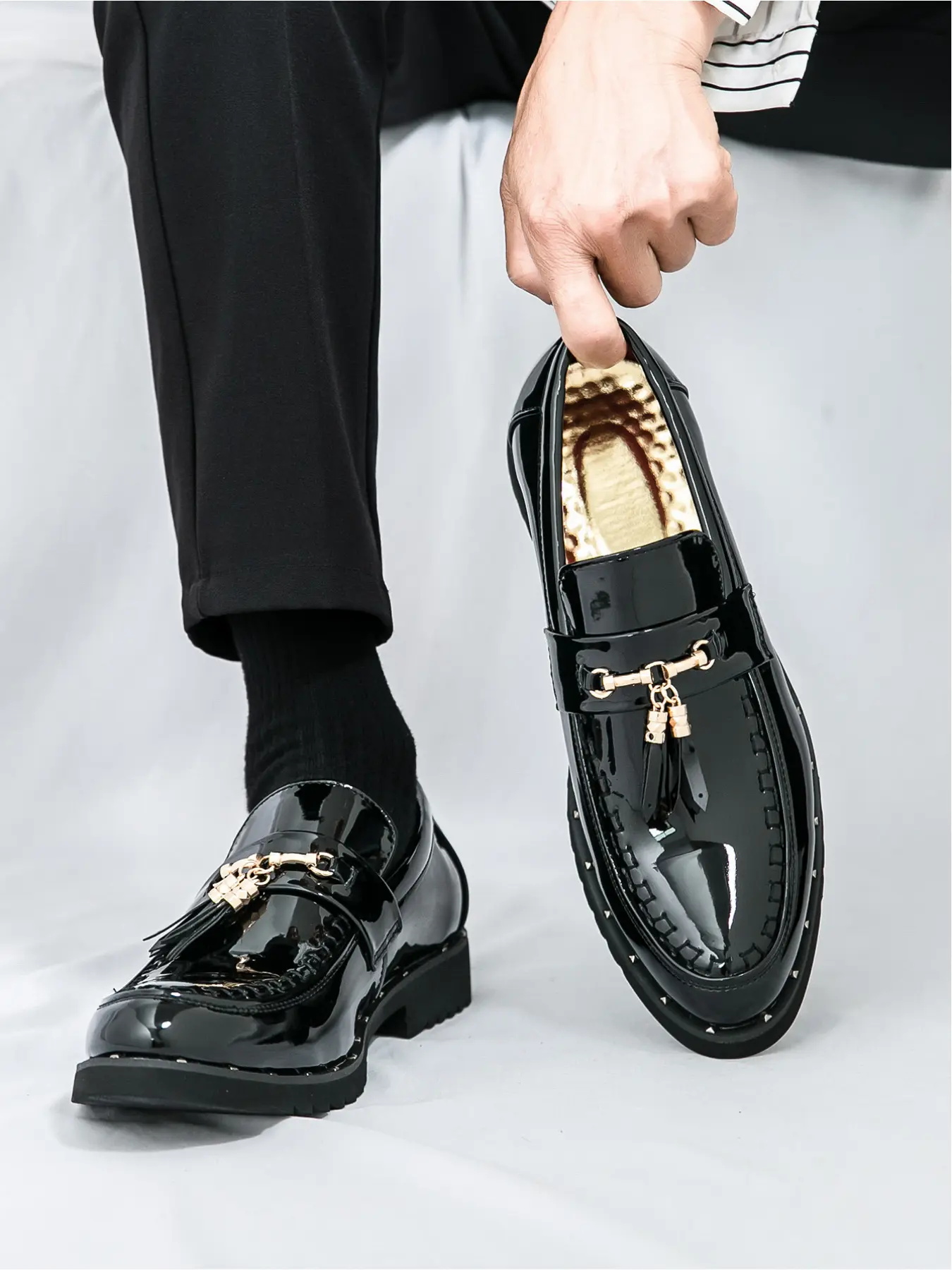 Unisex Bright Red Patent Tassel Loafers: Shiny Red Patent Leather, Metallic Tassel Buckle, Studded Platform, Slip On Shoes, Slip On Style. For Party Outings/Head-Turning Looks